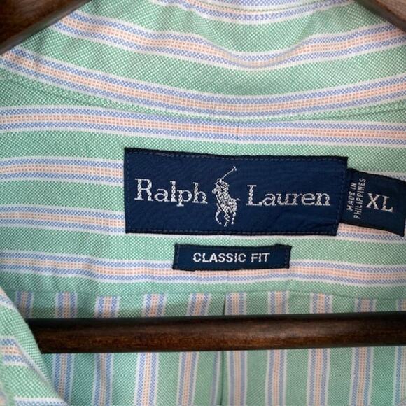 Ralph Lauren Classic Fit Green and White Striped Button Down - XL - Picture 3 of 5